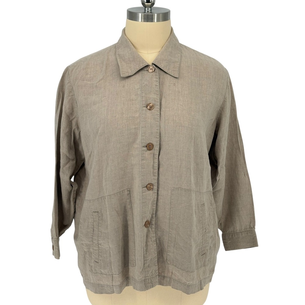 Elisabeth by Liz Claiborne Shirt Taupe Button Front 100% Linen 2